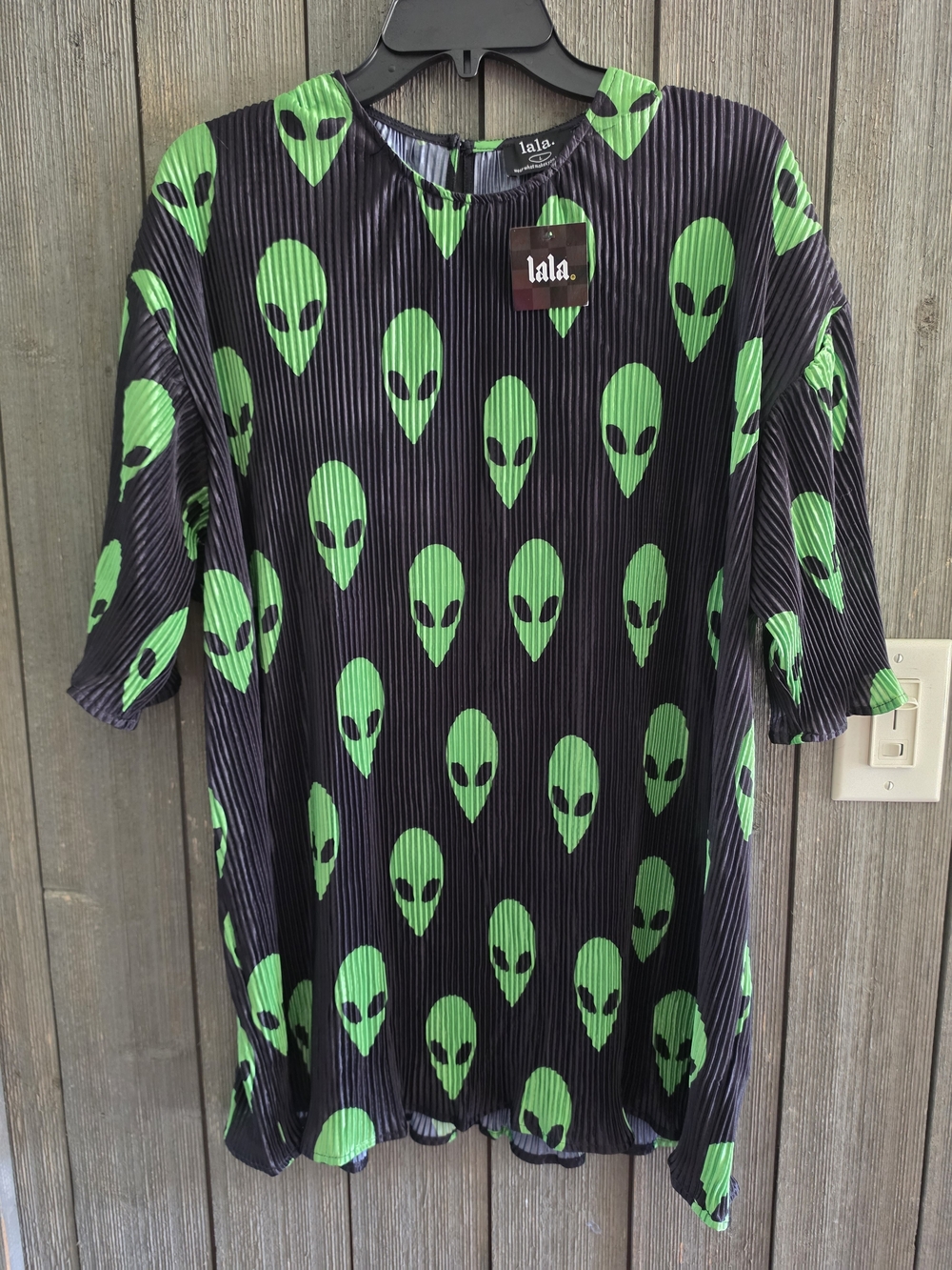 Dressed in LALA Black Top with Green Alien Print